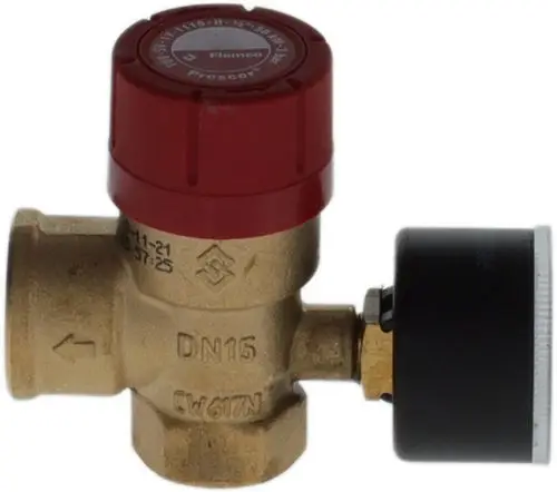 Sicherheitsventil aus Messing mit rotem Deckel und Anschlüssen. An dem Ventil befindet sich ein schwarzes Manometer zur Druckanzeige. Marke: Bosch.